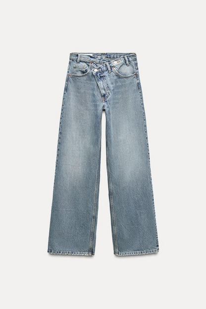 High Rise Wide Leg Crossover Waistband Jeans