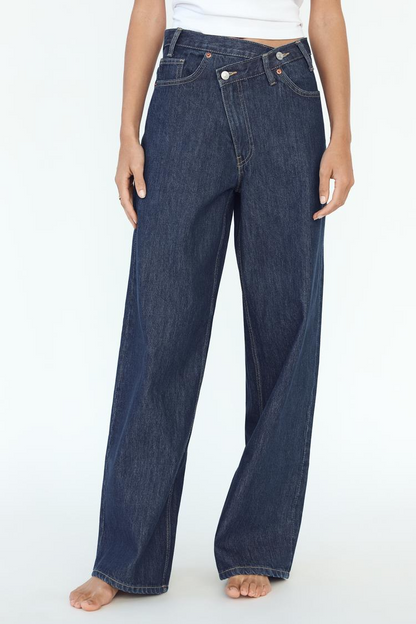 High Rise Wide Leg Crossover Waistband Jeans