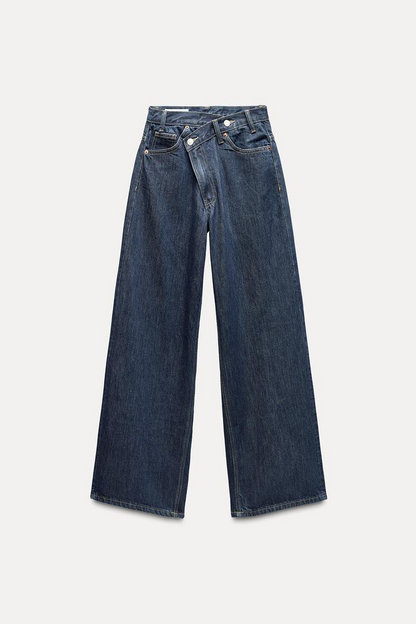 High Rise Wide Leg Crossover Waistband Jeans