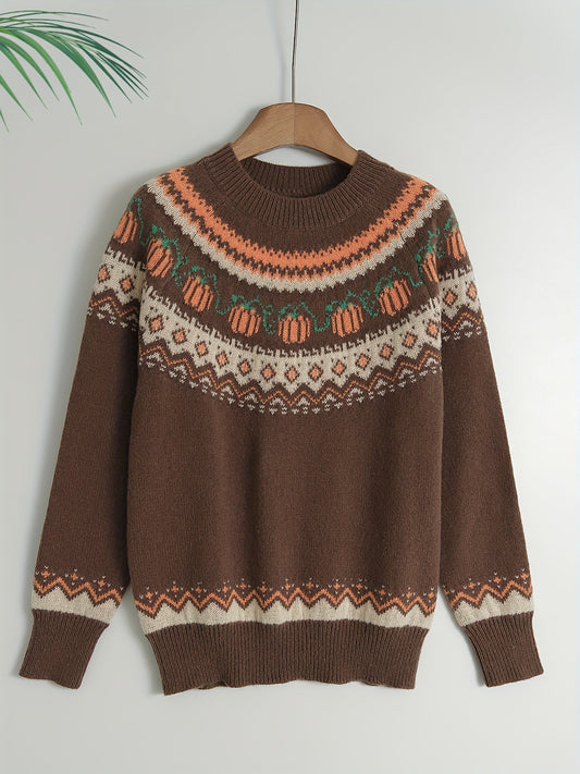 Kayla Pumpkin Knit Sweater with Round Neck