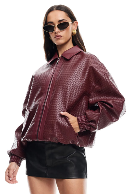 KENNY WOVEN FAUX LEATHER BOMBER JACKET